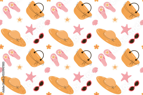 Seamless summer  pattern with transparent background. Ornament with beach  accessories. Summer holiday concept.Beach umbrella, sun, swimsuit, crab, starfish. Flat cartoon design. Vector illustration