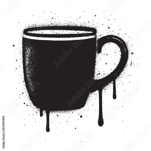 Black and White Graffiti Spray Brush Coffee Mug Icon with Paint Drips.