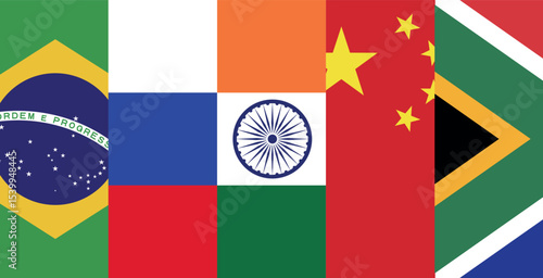 BRICS - Association of 5 countries: Brazil, Russia, India, China and South Africa, flags of the participating countries - Vector illustration