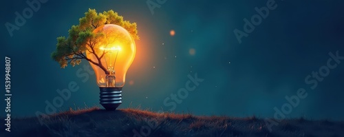 Tree growing from glowing lightbulb, flat design, tree, simple