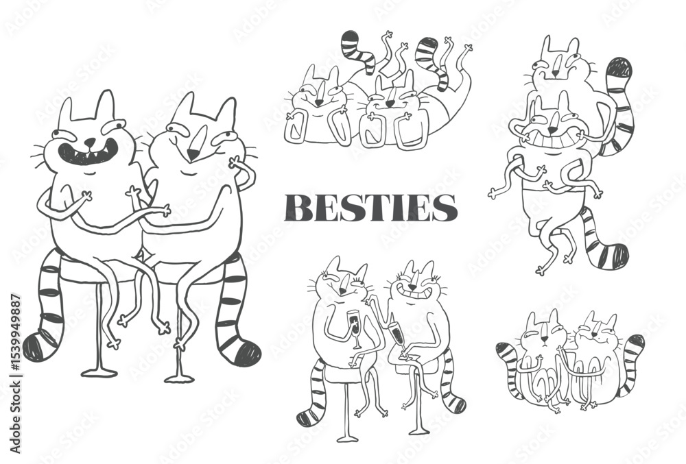 Fototapeta premium Funny bestie line art, friendship sarcastic characters, hand drawn sketch style, minimalist whimsical doodles