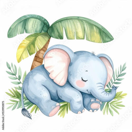 Cute baby elephant sleeping under palm tree surrounded by tropical leaves in soft blue watercolor style for nursery and jungle decor

