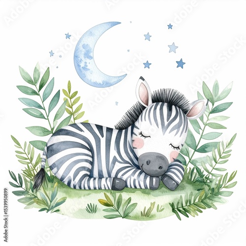 Cute baby zebra sleeping on grass with blue moon and stars in night sky surrounded by green leaves in watercolor style for nursery

