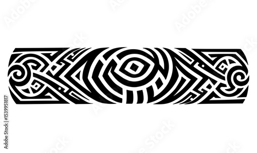 A black and white tribal tattoo strip with ancient geometric symbols and flowing curves, designed for a forearm wrap