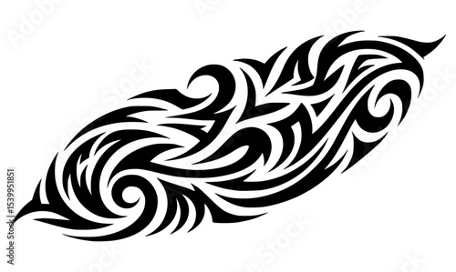 A creative horizontal tribal tattoo design in black and white, blending animalistic curves and sharp edges in a continuous band