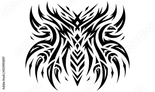 A fierce horizontal tribal tattoo in black and white, combining claw-like strokes and mirrored arrowhead elements