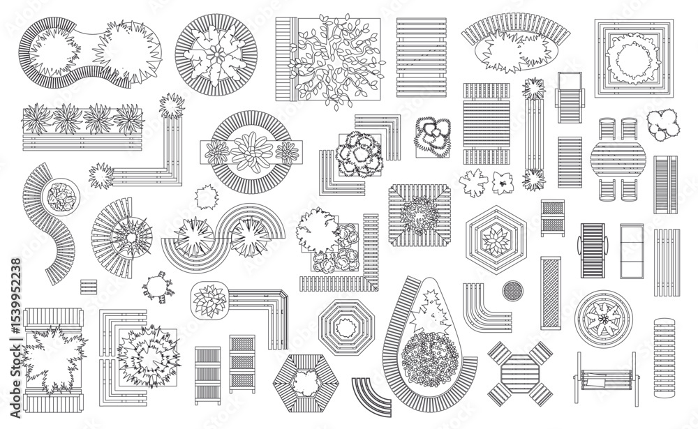 Obraz premium Top view of set of linear isolated vector icons. Outdoor, patio, garden, backyard furniture. View from above. Aerial. Design project.