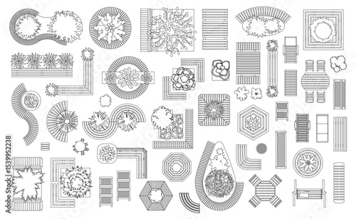 Top view of set of linear isolated vector icons. Outdoor, patio, garden, backyard furniture. View from above. Aerial. Design project.