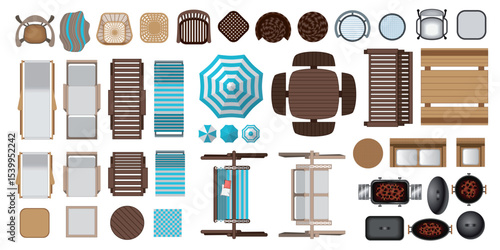 Top view of set of vector isolated icons. Outdoor, patio, garden, backyard furniture. Tables, chairs, sunbeds, umbrellas, swing, barbecue. View from above. Aerial. Outdoor design and decoration
