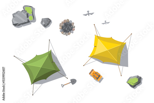 Top view. Vector isolated images of a tourist clearing with tents, backpacks, a campfire, a shovel, and birds. View from above. Aerial. Active leisure. Camping. Ecotourism.
