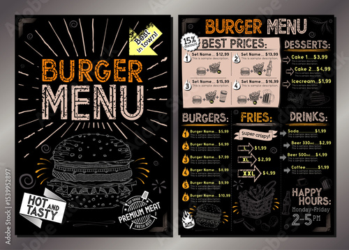 Vintage burger restaurant menu template - single A4 card (burgers, french fries, desserts, drinks, sets)
