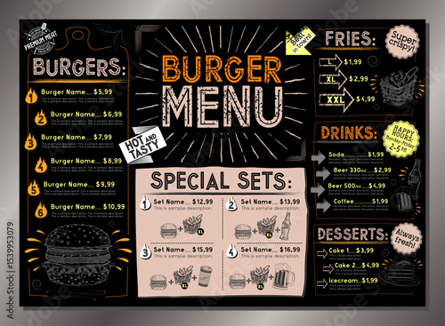 Vintage burger restaurant menu template - A4 or A3 table card (burgers, french fries, desserts, drinks, sets)