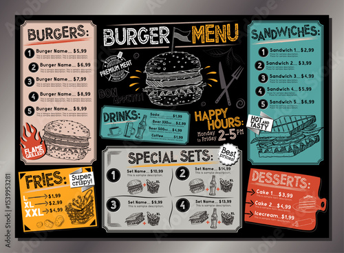 Vintage burger restaurant menu template - A4 or A3 table card (burgers, sandwiches, french fries, desserts, drinks, sets)