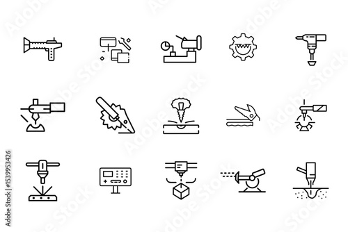 CNC machining and machine tools icons in minimalistic line style  