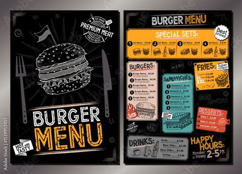 Vintage burger restaurant menu template - single A4 card (burgers, sandwiches, french fries, desserts, drinks, sets)