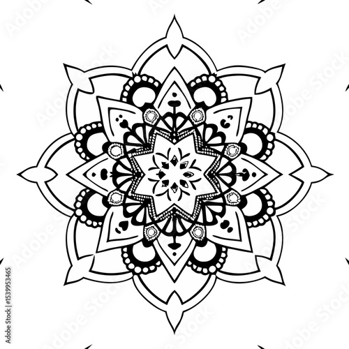Black and white mandala design with floral elements and symmetry  