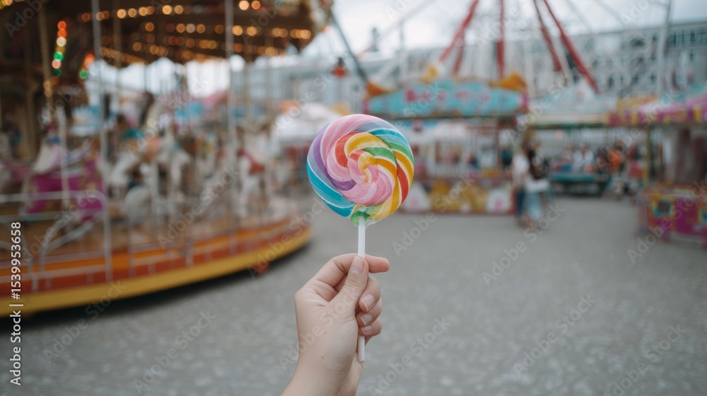 Child's hand holding colorful rainbow swirl lollipop with blurred carnival rides in background, vibrant and playful summer atmosphere Child's hand holding colorful rainbow swirl lollipop with blurred carnival rides in background, vibrant and playful summer atmosphere