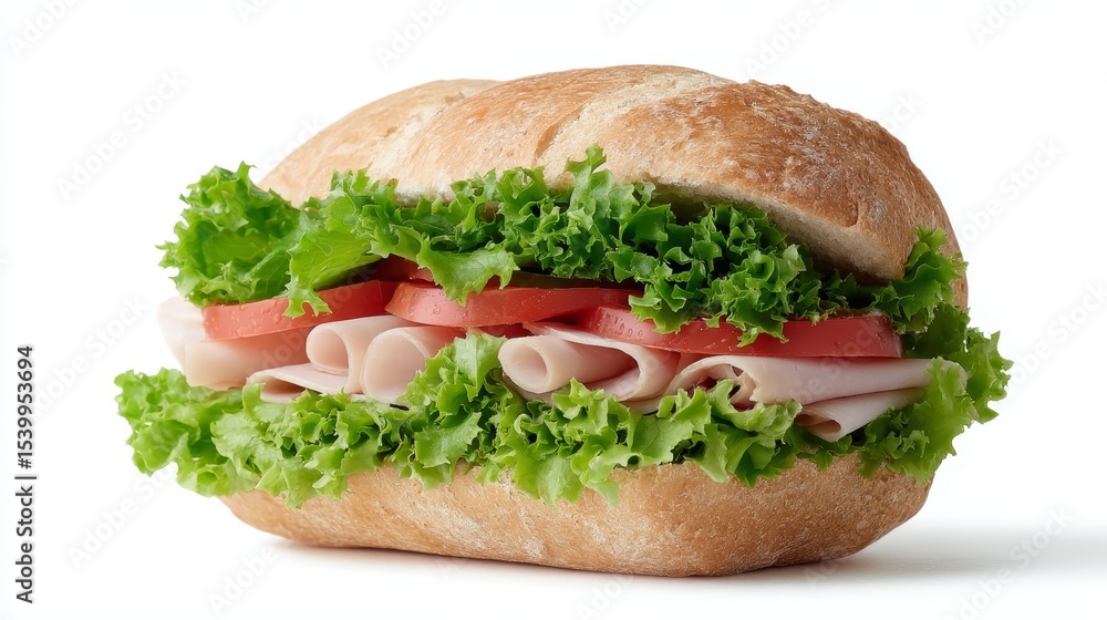 Fresh banh mi sandwich with crisp lettuce, tomato slices, herbs, and crusty bread layered on white background with space for text Fresh banh mi sandwich with crisp lettuce, tomato slices, herbs, and crusty bread layered on white background with space for text