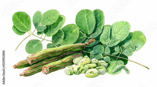 Watercolor Illustration of Fresh Moringa Leaves – Nutrient-Rich Herbal Greens on White Background