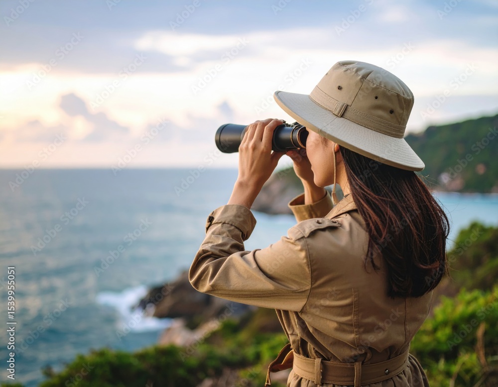 Obraz premium Woman looking through binoculars at ocean