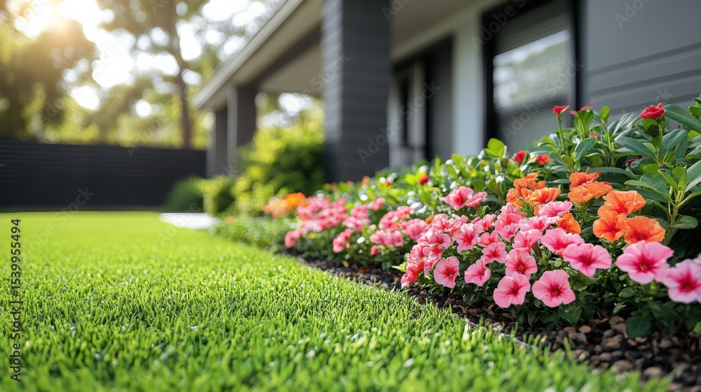Fototapeta premium Vibrant Garden Landscape with Colorful Flowers and Freshly Mowed Lawn in Sunny Outdoor Setting