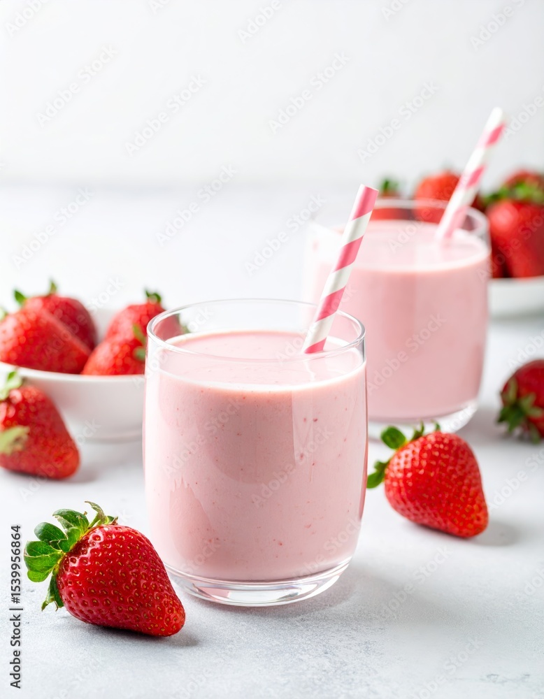 Two glasses of creamy strawberry smoothie with pink straws and fresh strawberries on gray surface in a bright healthy breakfast setting. Two glasses of creamy strawberry smoothie with pink straws and fresh strawberries on gray surface in a bright healthy breakfast setting.