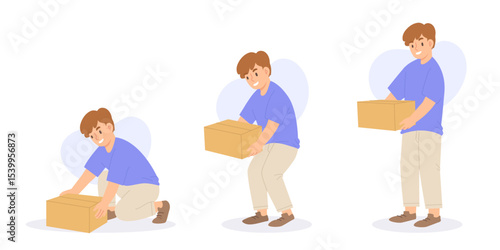Correct way to lift heavy box. Concept of safety, back Injury prevention, good posture, right position, health care. Man carries and stands up with cardboard package in hands. Falt vector illustration