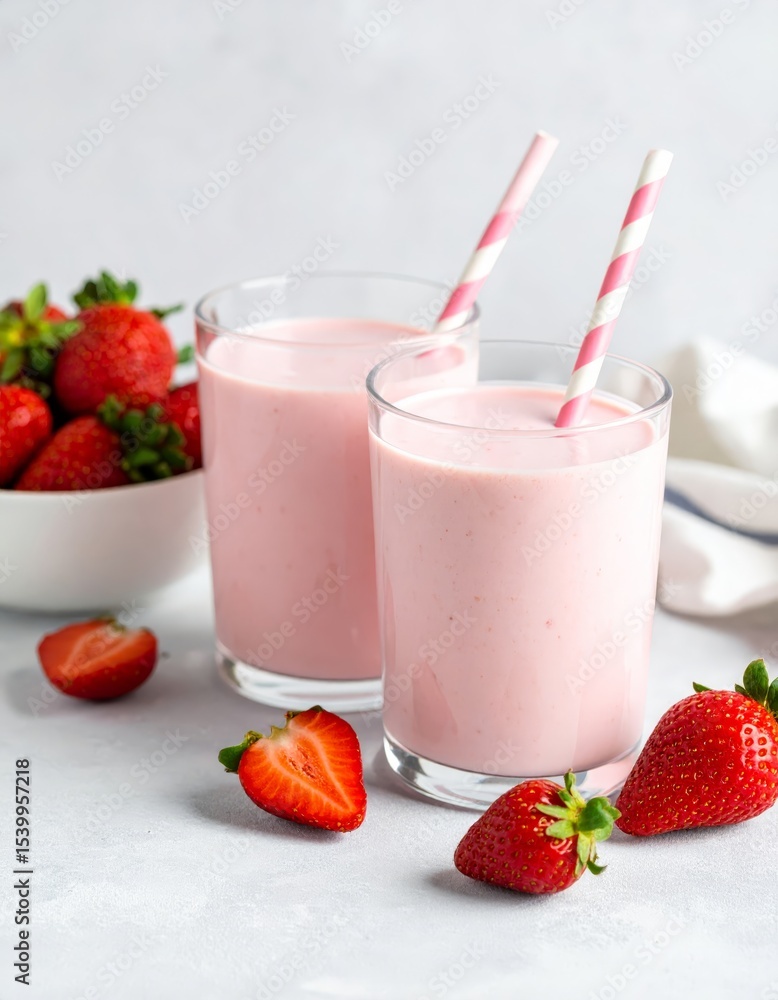 Two glasses of creamy strawberry smoothie with pink straws and fresh strawberries on gray surface in a bright healthy breakfast setting. Two glasses of creamy strawberry smoothie with pink straws and fresh strawberries on gray surface in a bright healthy breakfast setting.