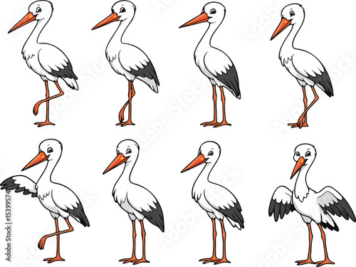 vector illustration of stork heron pelican egret cute simple funny cartoon mascot character cartoon with 8 poses