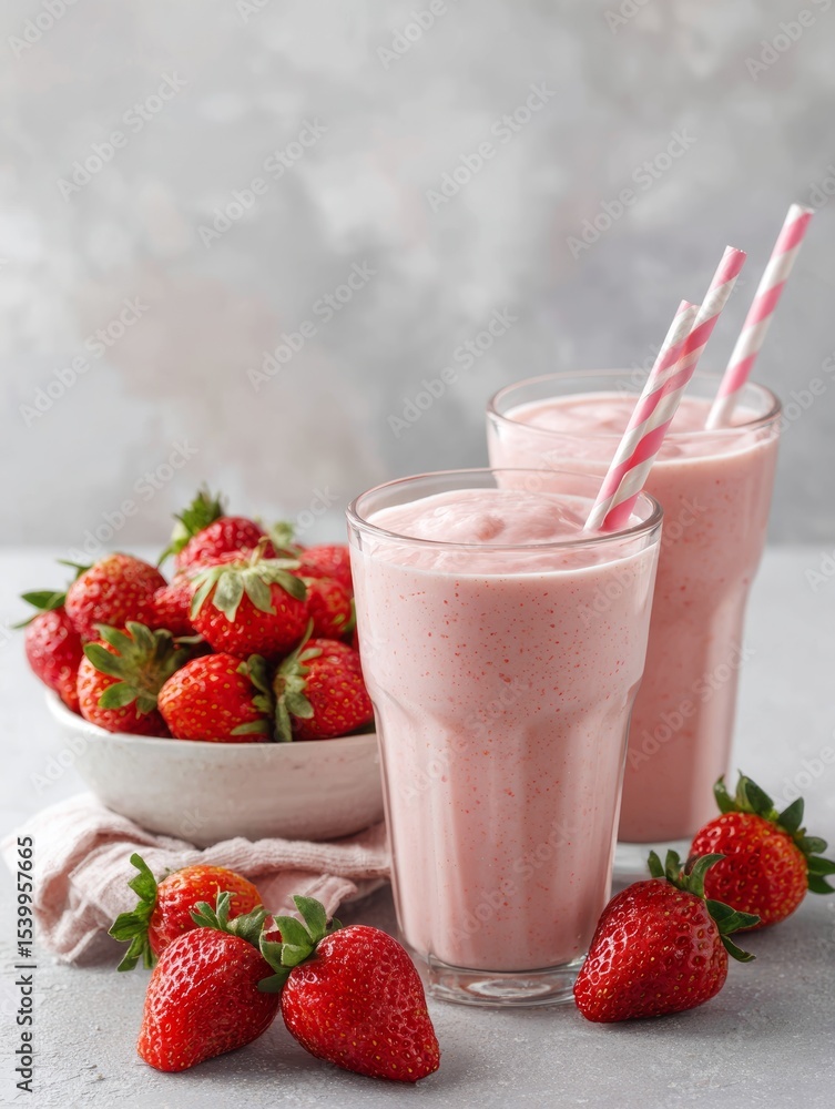 Two glasses of creamy strawberry smoothie with pink straws and fresh strawberries on gray surface in a bright healthy breakfast setting. Two glasses of creamy strawberry smoothie with pink straws and fresh strawberries on gray surface in a bright healthy breakfast setting.