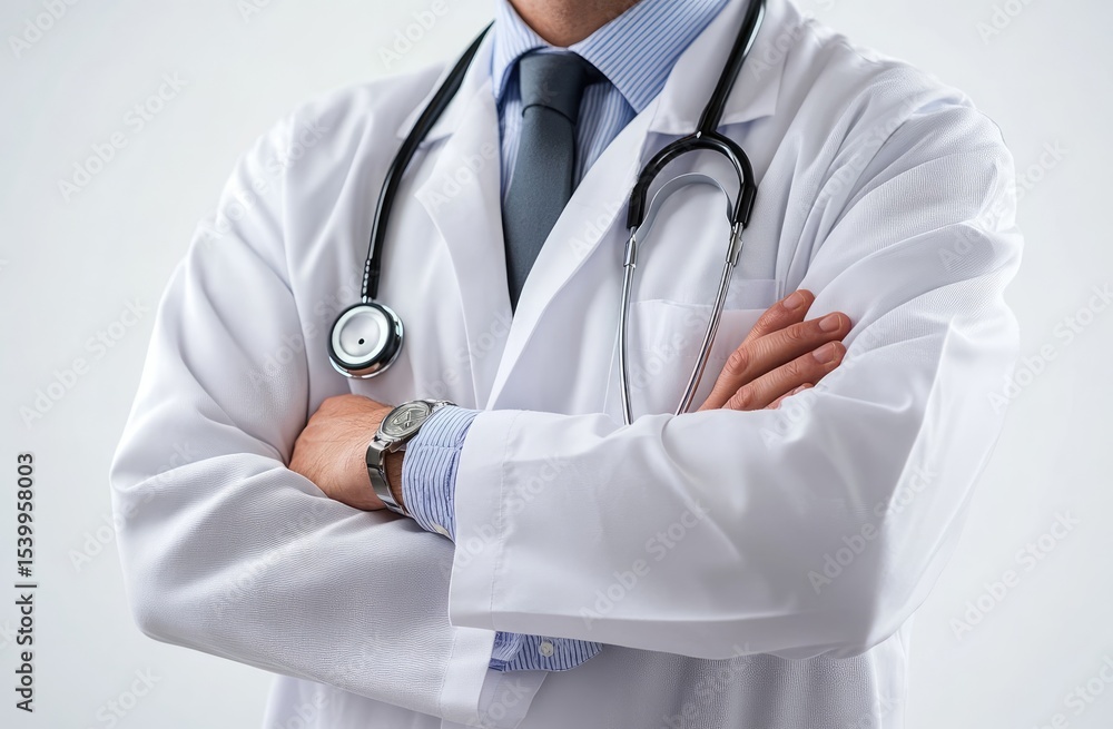 Close-up of a doctor wearing a white lab coat, stethoscope around neck, and arms crossed over chest. Close-up of a doctor wearing a white lab coat, stethoscope around neck, and arms crossed over chest.