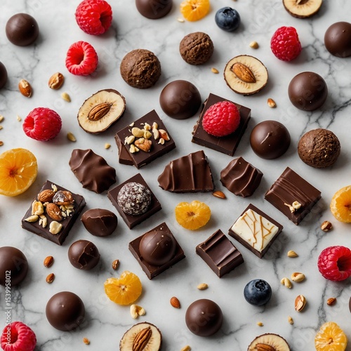 Premium chocolates with diverse toppings , Assorted gourmet chocolates with colorful toppings on a marble surface, ariety of luxury chocolate squares with nuts, fruits, and floral ... See More
