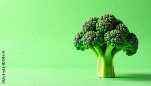 Single broccoli head, lush green, sits on light green surface, nature, closeup, spring