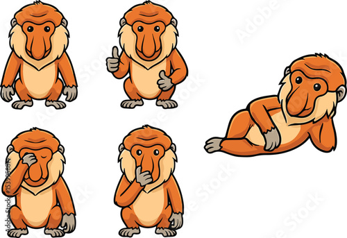 vector illustration of bekantan monkey primal orangutans cute simple funny cartoon mascot character cartoon with 5 poses 01