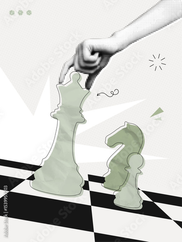 Trendy Halftone Collage Hand holding chess piece. Abstract chessman. Game strategy. Strategic leader. Queen and knight horse chess figure. Paper texture. Contemporary vector illustration art