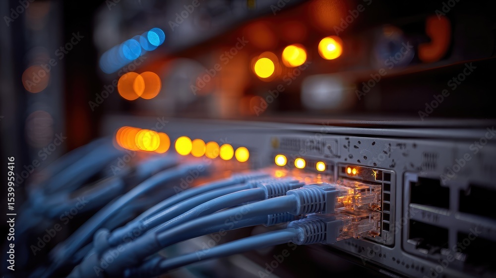 Naklejka premium High-Tech Network Cables with Illuminated Connections in a Server Room