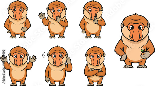 vector illustration of bekantan monkey primal orangutans cute simple funny cartoon mascot character cartoon with 7 poses 