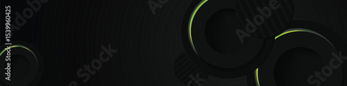 Abstract black geometric horizontal banner background with green neon light decoration design
