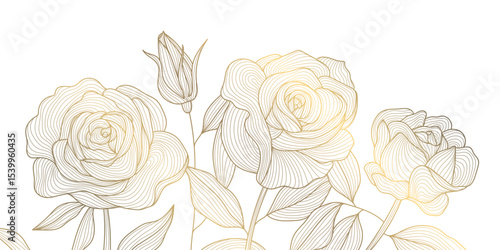 Vector golden line flowers, floral luxury art pattern. Abstract nature ornament garden leaf wallpaper, spring, wedding botanical graphic. Tropical Chinese, Japanese background