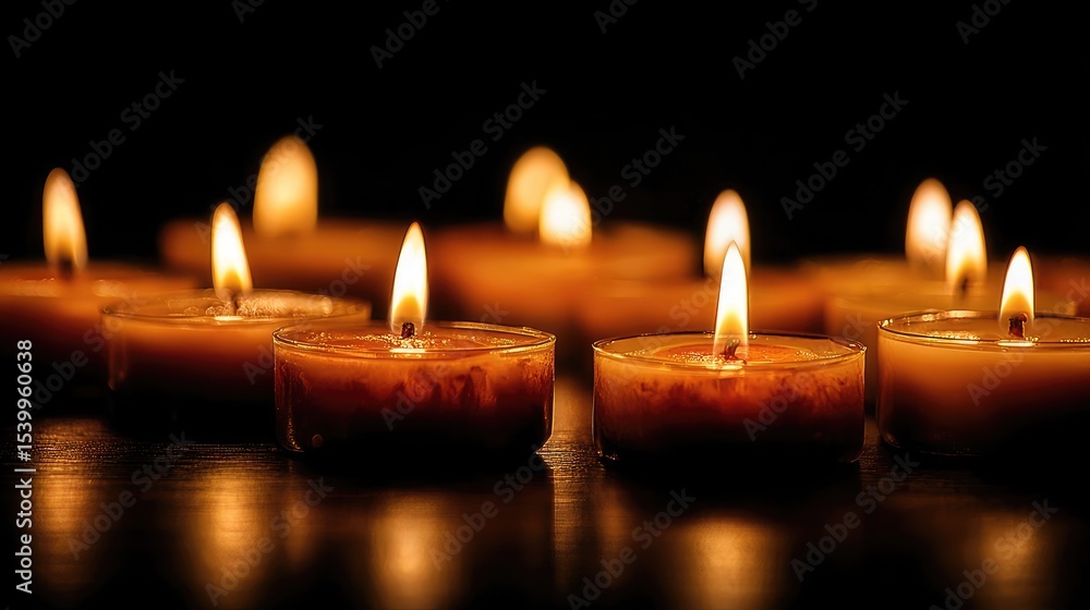A close-up view of several tea light candles burning brightly against a dark background. A close-up view of several tea light candles burning brightly against a dark background.