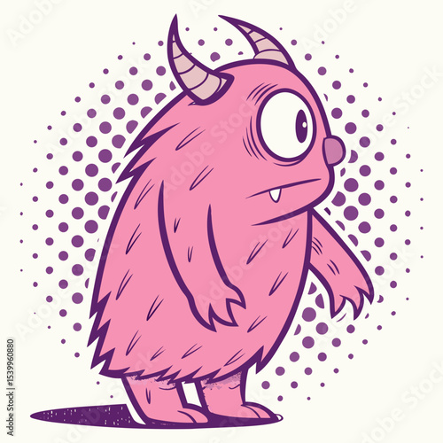 Round Pink One-Eyed Monster with Polka Dot Background – Glitch Art Style