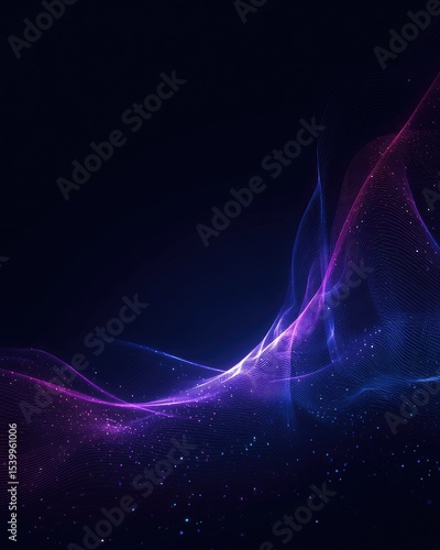 Abstract dark background with glowing purple and blue wavy particles and dust