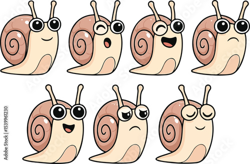 vector illustration of snail escargot cute simple funny cartoon mascot character cartoon with 7 poses