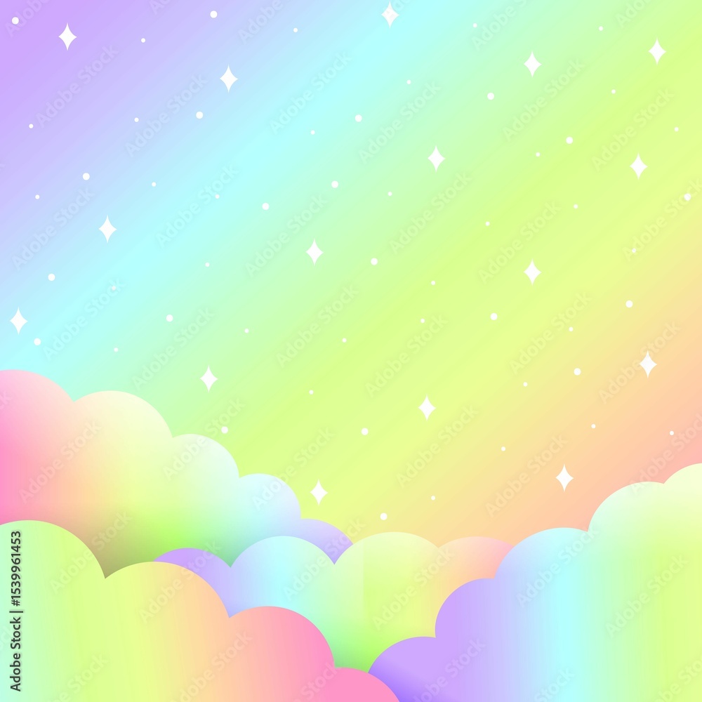 Naklejka premium Flat pastel clouds drifting across gradient rainbow sky with floating white stars, copy space