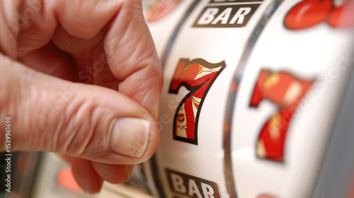 Close-up of Hand Pulling Lever on Vintage Slot Machine with Number Seven Symbols and Bright Colors in Casino Environment