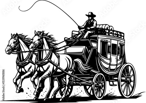 a black and white illustration depicting a horse-drawn stagecoach in motion
