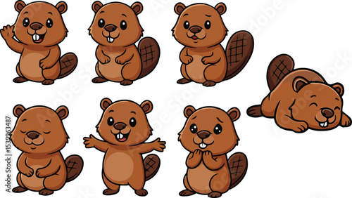 vector illustration of beaver otter cute simple funny cartoon mascot character cartoon with 7 poses 