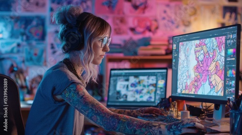 In a modern animation studio, a digital artist and a programmer work at a computer. The room is softly lit with LED lighting and colorful concept drawings on the wall. 