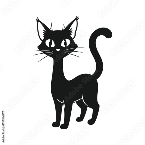 Big-eyed black cat standing upright, curious look – Vector Illustration