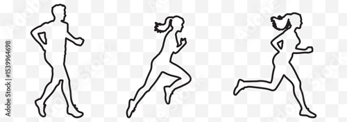 Run, set of running people, isolated vector silhouettes. Group of men and women runners eps 10